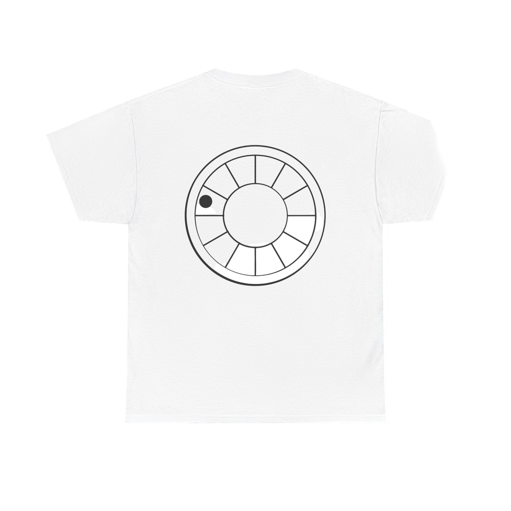 White t-shirt with a black circular design on a white background